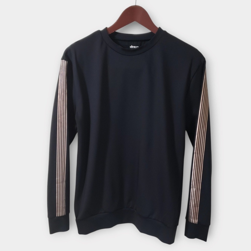 Ultracor Black Crewneck Sweatshirt Bronze Gold Metallic Stripe Sleeves Size M